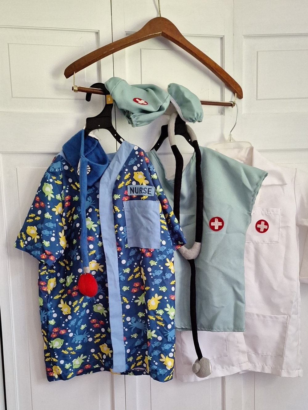 Kids' Doctor Dress-Up Set with Blue Printed Smock & White Lab Coat